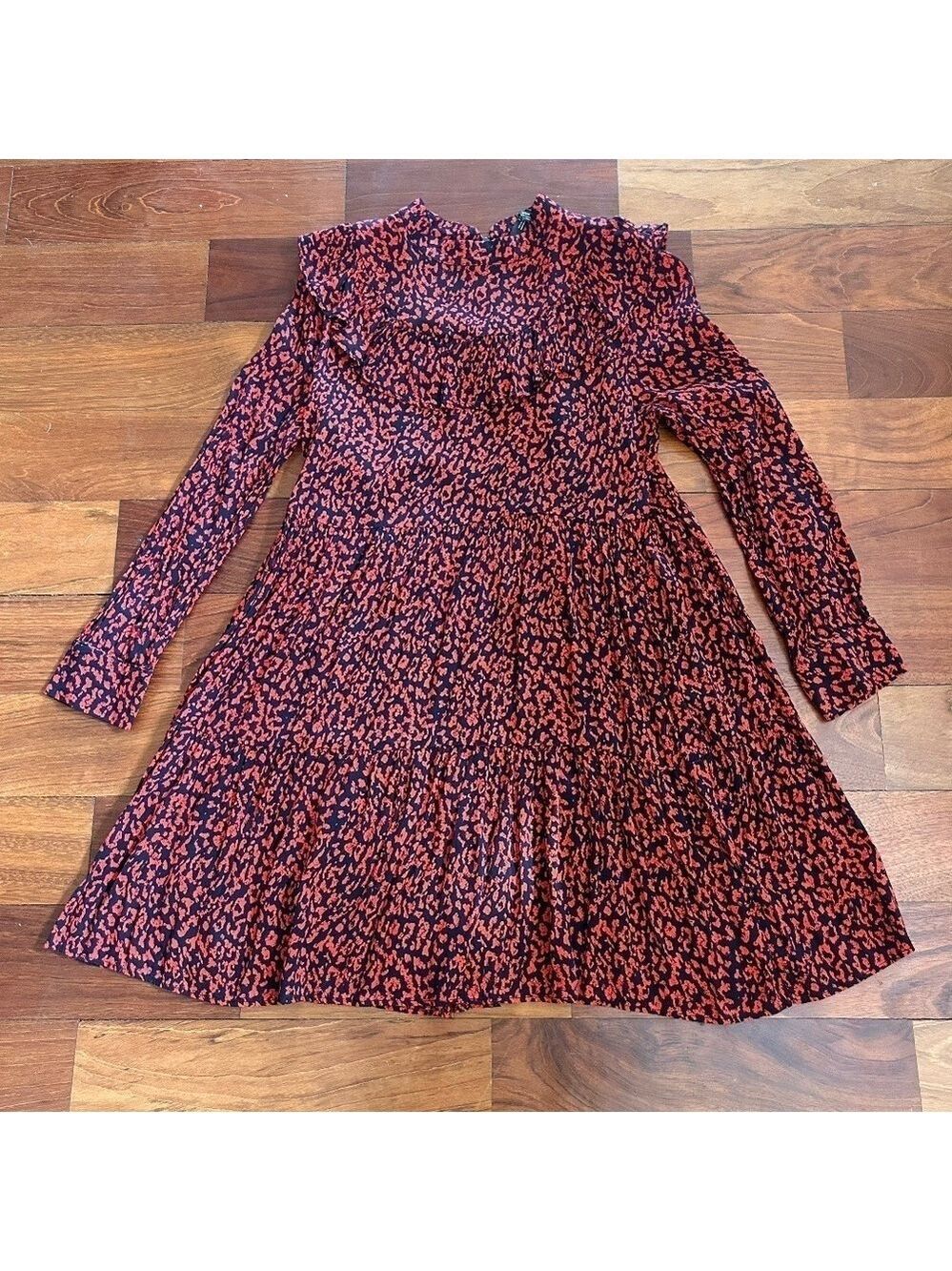 Zara Women 100% Viscose Tiered Red Black Ruffle Dress Sz XS Zip&Button Closure